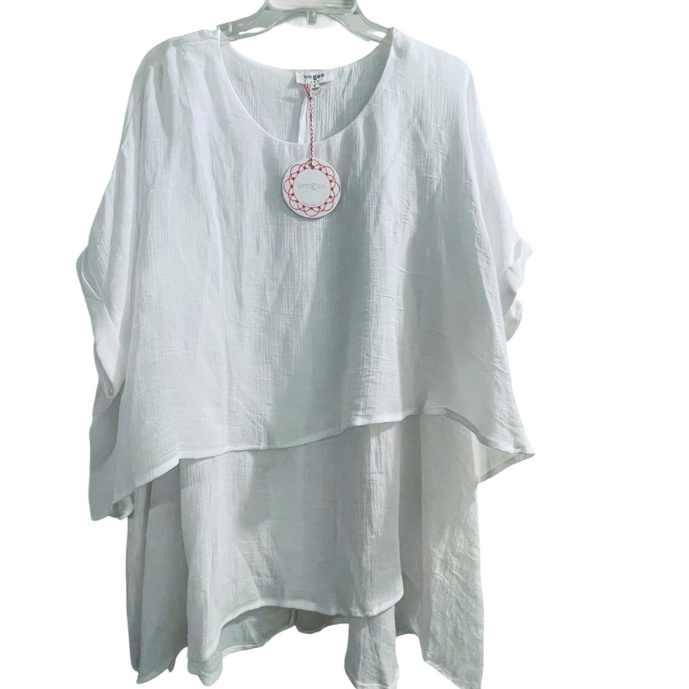 Umgee White Layered Gauze Tunic Top Boho Oversized Short Sleeve Medium NEW - Picture 2 of 11